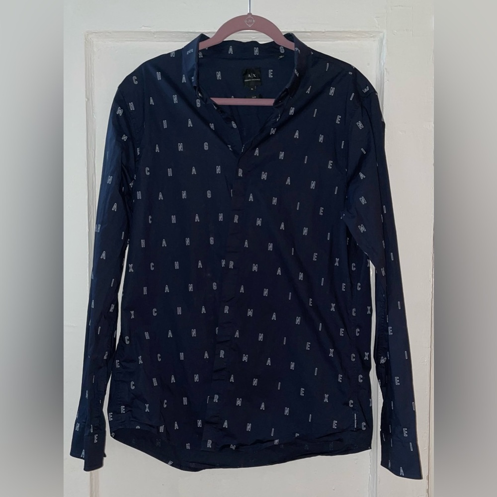 Armani Exchange Navy Logo Print Slim Button Shirt Size XL